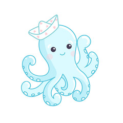 Octopus Vector flat Illustration. Cute cartoon character. Blue colorful Sea creature