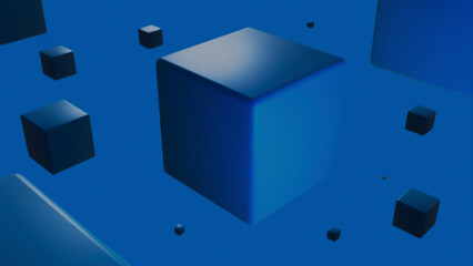 Flying blue cubes on a monochrome background. 3D rendering. Blank for design. Layout. Place for text. Abstraction