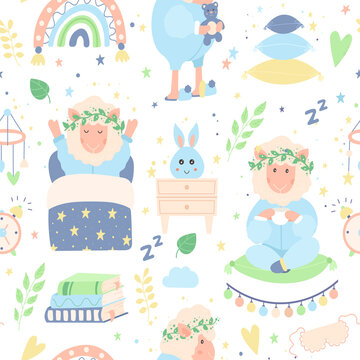 Vector Seamless Pattern with a Sleeping Sheep in Pajamas.Baby Cute Flat Child Accessories for Sweet Dream.Funny Adorable Animal.Illustration for Textile, Fabric, Wrapping Paper, Wallpaper, Design.