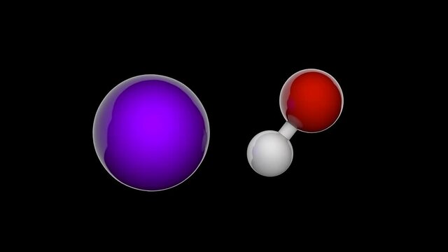 Potassium hydroxide is an inorganic compound with the formula KOH or HKO. It is commonly called caustic potash. 3D render. Seamless loop. Isolated and rotating on black background.