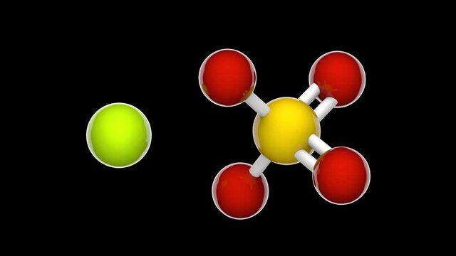 Magnesium sulfate, formula MgSO4 or MgO4S. It is often encountered as the sulfate mineral epsomite, commonly called Epsom salt. 3D render. Seamless loop. Isolated and rotating on black background.