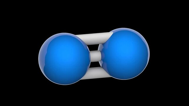 Nitrogen (N2) is a chemical element with symbol N and atomic number 7. 3D render. Seamless loop. Isolated and rotating on black background. Ball and Stick chemical structure model.