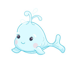 Blue Whale Vector flat Illustration. Cute cartoon character. Sea creature