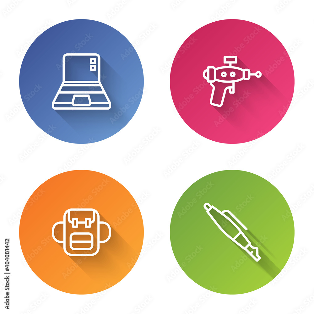 Sticker Set line Laptop, Ray gun, School backpack and Fountain pen nib. Color circle button. Vector.