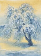 Winter landscape with frozen apple tree and snow. Watercolor illustration