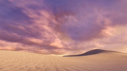 Fototapeta na wymiar Fantastic unreal desert landscape with massive sand dunes under scenic and dramatic cloudy sky at dusk or dawn. With no people minimalist wilderness scenery 3D illustration from my 3D rendering file.