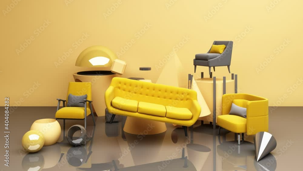 Poster yellow and gray geometric shape with sofa 3d rendering