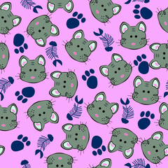 Pattern with cute cat and pink background