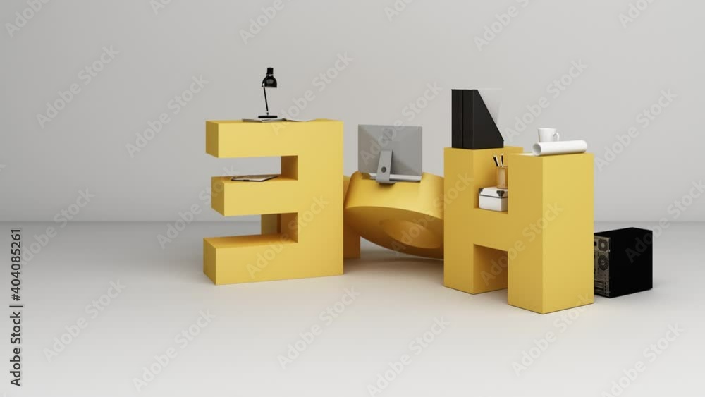 Poster working equipment and computer it is surrounded on the letters wokr form home in yellow tones. 3d re