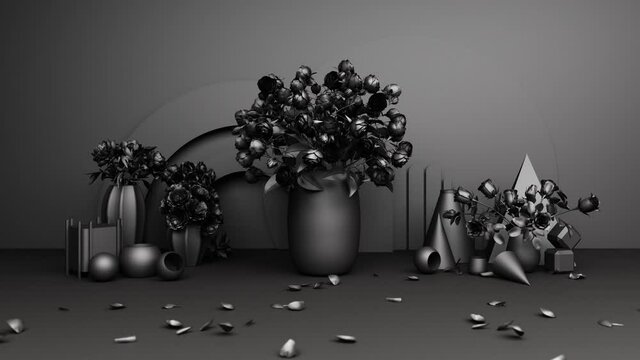 Red roses in a vase With a geometric background in black tones 3d rendering
