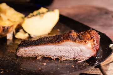 barbecue grilled beef matambre with metallic fire potatoes córdoba argentina