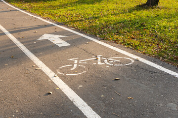 Fototapeta premium Bike path in the autumn Park. A symbol of cycle paths on the pavement