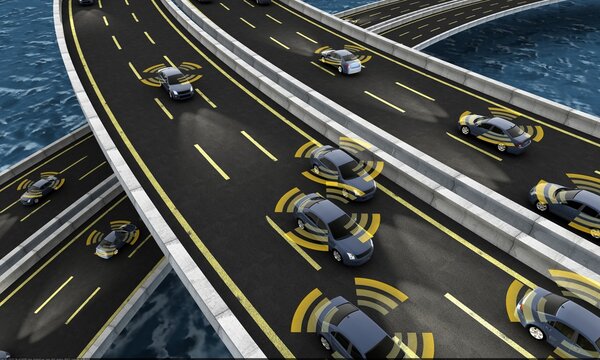 Autonomous cars on a road with visible connection