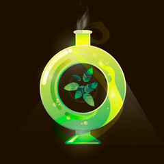 Magic potion in a vessel.
Illustration, a container in the form of a circle filled with bright green liquid. - 404090877