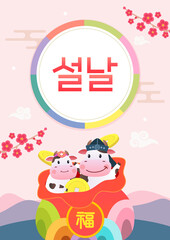 Seollal festival poster vector illustration. Cute cow in lucky bag. Translation: 