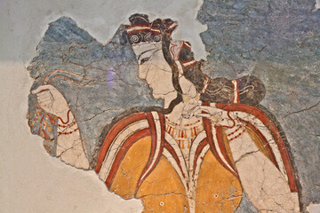 The ''’Mycenaean Lady'', 13th century BC, fresco from the Acropolis of Mycenae, in Peloponnese, Greece, now exhibited at the Archeological Museum of Athens, Greece, Europe