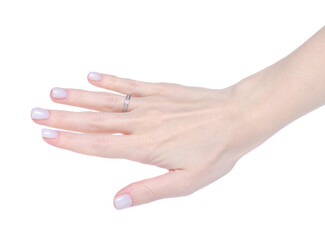 Female hand with gold ring of finger on white background isolation