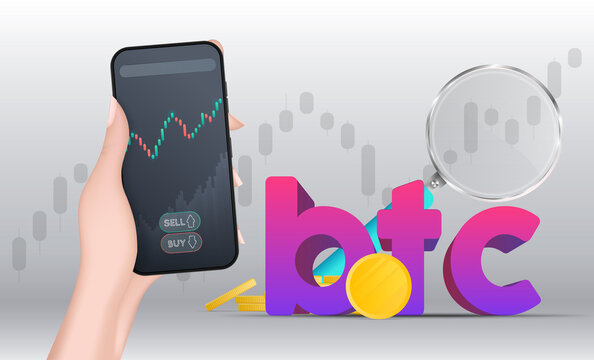A hand holds a phone with a growth graph. The concept of trading on the finance exchange. Bitcoin, gold coins, magnifier. Realistic style. Vector.