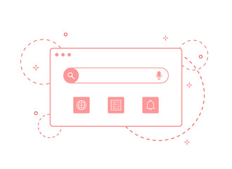 Web search page. Web window on white background. In flat design vector illustration. Browser with search bar field and search button. Pink