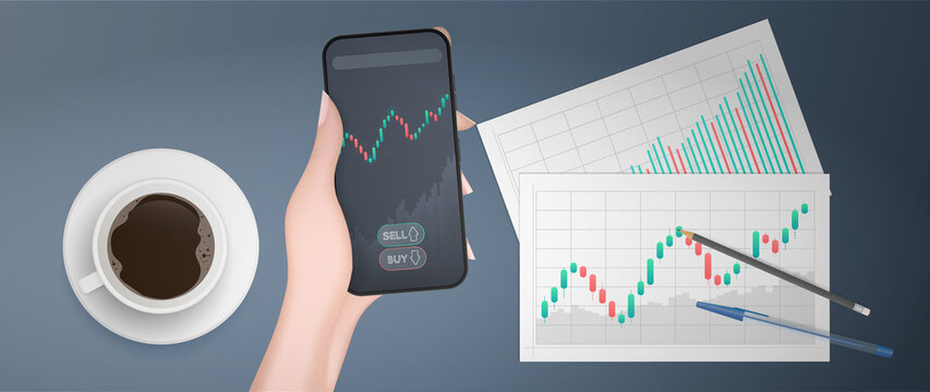 Blanks with business charts, uptrend line graph, histogram and bull market stock numbers. A hand holds a phone with a growth graph. Vector.