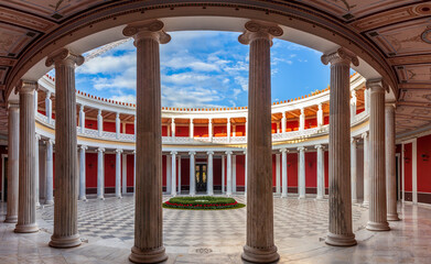 View of the inner yard of Zappeion mansion with its beautiful peristyle, in the National Garden of...