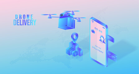  Drone Delivery Service Online Concept. ordering on a mobile application. Home and office delivery Mobile remote control logistics through signal, vector illustration