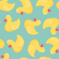 Vector Seamless Pattern with Bath Rubber Yellow Ducks for Shower.Kid's Cute Toys for Playing in the Bathroom.Cartoon Illustration for Print,Design, Wrapping Paper,Wallpaper, Textile on Blue Background