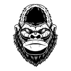 Illustration of head of angry ape in vintage monochrome style. Design element for logo, emblem, sign, poster, card, banner.