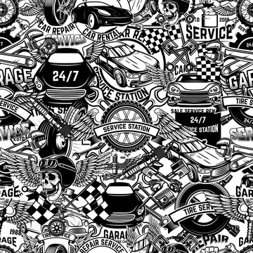 Seamless pattern with auto repair design elements in monochrome style. Design element for poster, card, banner.