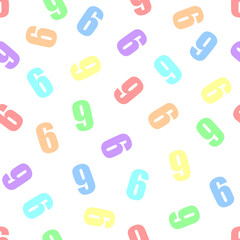 Endless seamless pattern of numbers 6 or 9 (six or nine) on a white background. Painted in rainbow colors in pastel colors. Red, orange, yellow, green, cyan, blue, violet.