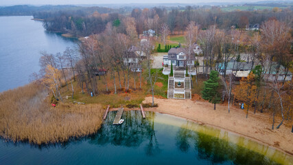 Aerial view of camping location in Trakai near lake Galve by drone in autumn