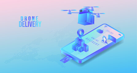  Drone Delivery Service Online Concept. ordering on a mobile application. Home and office delivery Mobile remote control logistics Comfortable and fast through signal, vector illustration