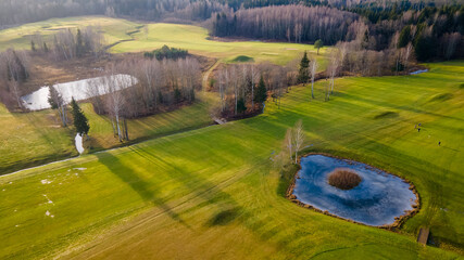 Aerial view of European centre golf course in winter by drone