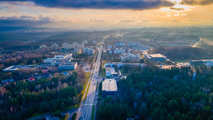 Aerial view of Santariskes hospital in Vilnius by drone