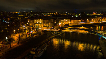 Aerial view of Vilnius panorama at night by drone
