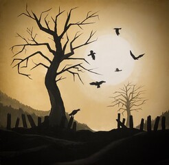 birds fly against the background of a withered tree and the sun. Illustration