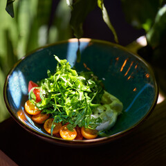 Italian fresh cheese Burrata with colorful cherry tomato salad, arugula and basil with pesto sauce