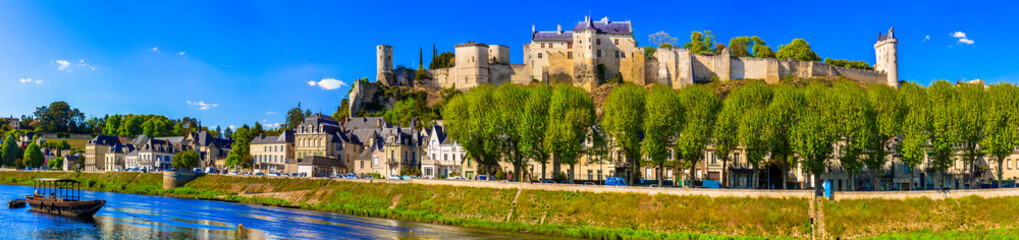 Travel in France - panoramic view of Chinon town with royal castle. Famous castles of Loire valley