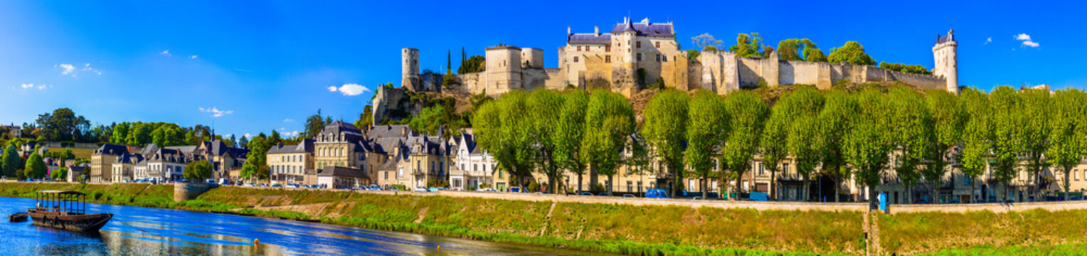 Travel in France - panoramic view of Chinon town with royal castle. Famous castles of Loire valley