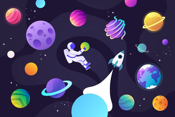 Many planets in space, a rocket and an astronaut. Night sky, stars. Cartoon horizontal vector illustration.