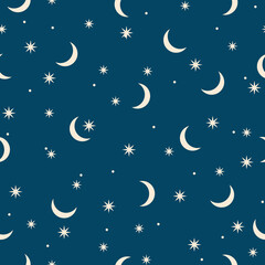 Seamless pattern with moon and stars. Suitable for wrapping paper, fabric, curtains. Vector