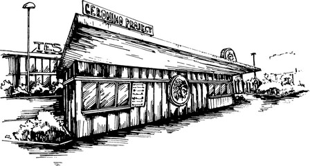 container take away restaurant design concept. Rough sketchy idea of a cafe exterior. Monochromatic ink freehand image. 