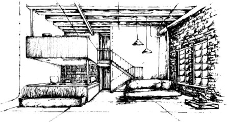 Loft interior design. Sketchy monochromatic ink image. Wide sunny room with a tall ceiling, big windows, comfy couch, casual, office deck, stairs, beams. Industrial style looking space