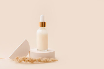 Trendy background with natural cosmetic skincare bottle. Product presentation. Beauty and body care...