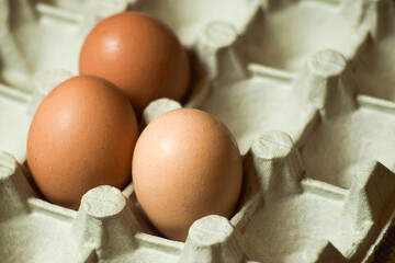 three chicken eggs in a tray for sale