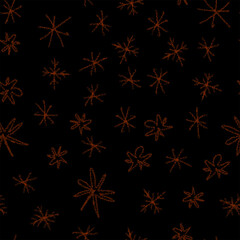 Hand Drawn red Snowflakes Christmas Seamless Pattern. Subtle Flying Snow Flakes on black Background. Divine chalk handdrawn snow overlay. Eminent holiday season decoration.