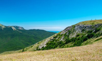 Fototapeta na wymiar Pid to the surrounding mountains from the lower plateau of Chatyr-Dag in Crimea on a clear sunny day.