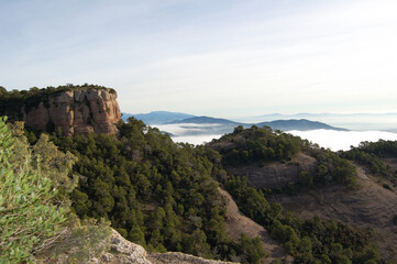 Fototapeta na wymiar Panorama of the forests and mountains of La Mola, in Catalonia, in the province of Barcelona (Spain). Next to Montserrat. Catalonia, El Vallès 