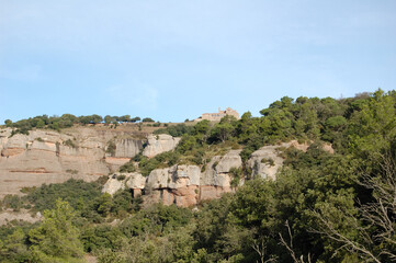 Panorama of the forests and mountains of La Mola, in Catalonia, in the province of Barcelona (Spain). Next to Montserrat. Sanctuary of La Mola, at the top of the mountain. Catalonia, El Vallès
