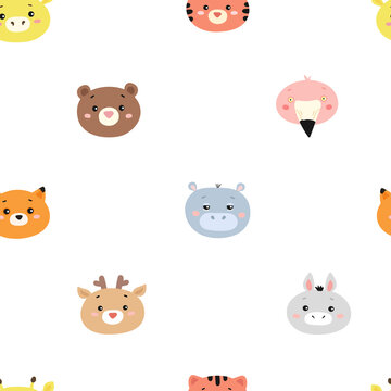 Vector Seamless Pattern with Cute Animal Heads in Flat style.Kid's Ornament for Textile, Fabric, Print, Design, Wallpaper, Wrapping Paper.Funny Hand Drawn Mammal's Face.Adorable Characters for Baby.